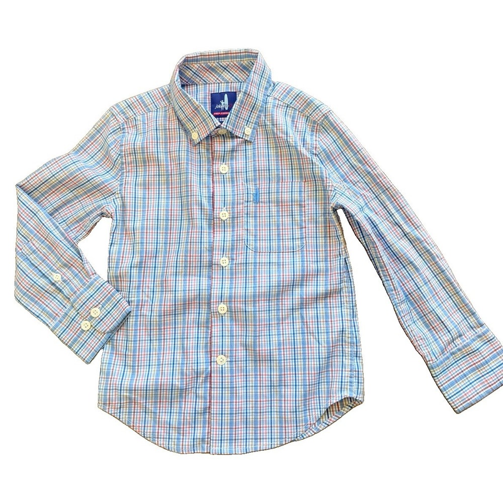 Johnnie O Button Down Shirt Sz 4 Prep Performance Plaid Blue Boys Lightweight